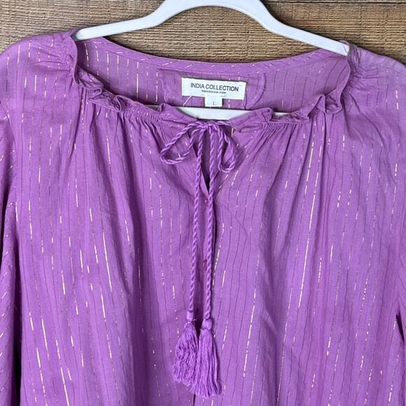 India Collection Emerson Fry Bardot Flowy Peasant Top Pink Lurex Size Large - Picture 3 of 10